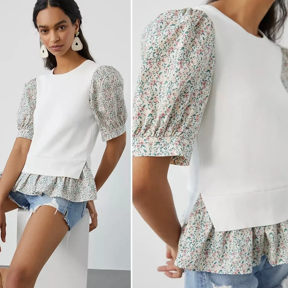 Anthropologie Puff Sleeve Floral Peplum Sweater Top Ivory Women's Size‎ XS